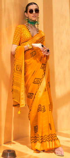 Yellow color Saree in Georgette fabric with Printed work