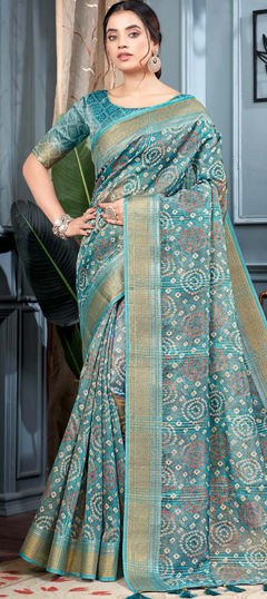 Blue color Saree in Art Silk fabric with Printed, Weaving work