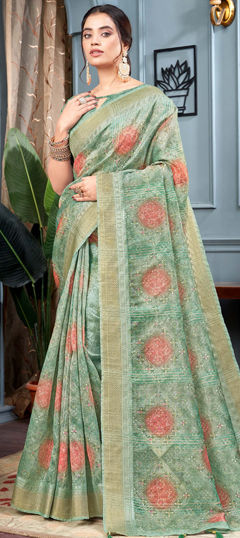 Green color Saree in Art Silk fabric with Printed, Weaving work