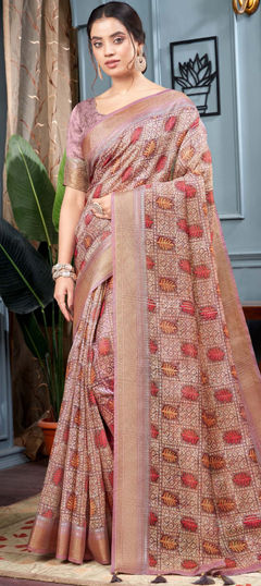 Beige and Brown color Saree in Art Silk fabric with Printed, Weaving work