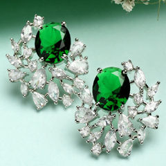 Silver Rodium Polish Green color Earrings in Brass studded with CZ Diamond