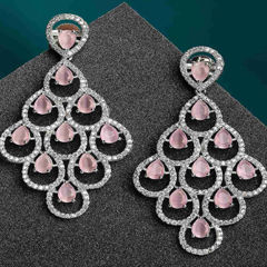 Silver Rodium Polish Pink and Majenta color Earrings in Brass studded with CZ Diamond