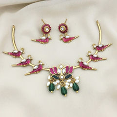 Gold Rodium Polish Multicolor color Necklace in Copper studded with CZ Diamond, Pearl
