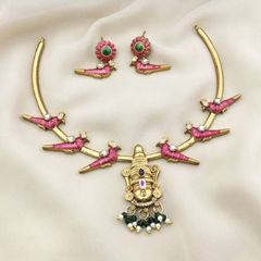 Gold Rodium Polish Multicolor color Necklace in Copper studded with CZ Diamond, Pearl