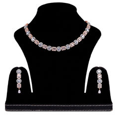 Silver Rodium Polish Beige and Brown color Necklace in Brass studded with CZ Diamond