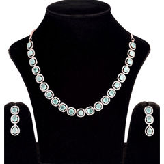 Gold Rodium Polish Green color Necklace in Brass studded with CZ Diamond