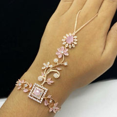 Gold Rodium Polish Pink and Majenta color Haath Paan in Brass studded with CZ Diamond