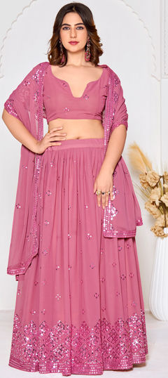 Engagement, Festive Pink and Majenta color Lehenga in Georgette fabric with Flared Embroidered, Sequence work : 1966177