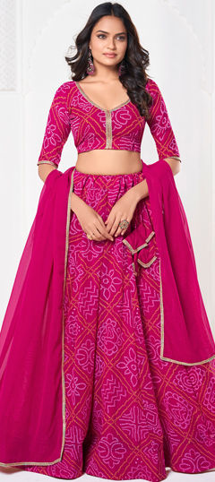 Engagement, Festive, Wedding Pink and Majenta color Lehenga in Georgette fabric with Flared Bandhej work : 1966179