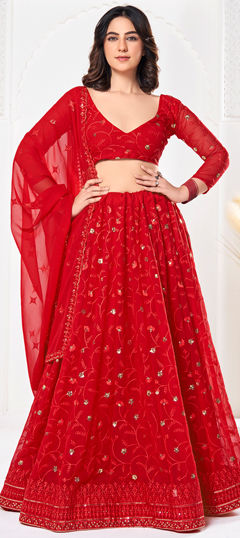 Engagement, Festive, Wedding Red and Maroon color Lehenga in Georgette fabric with Flared Embroidered, Sequence work : 1966180