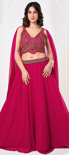 Engagement, Festive, Wedding Pink and Majenta color Lehenga in Georgette fabric with Flared Embroidered work : 1966182