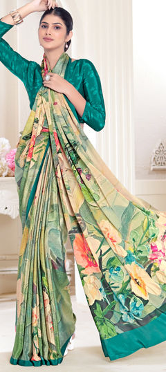 Green color Saree in Crepe Silk fabric with Digital Print, Floral work