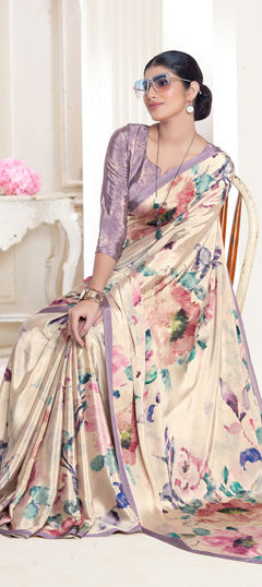 Beige and Brown color Saree in Crepe Silk fabric with Digital Print, Floral work