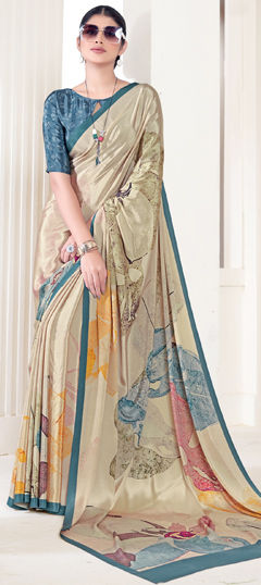 Beige and Brown color Saree in Crepe Silk fabric with Digital Print work