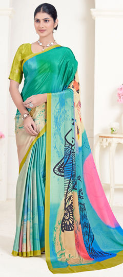 Blue color Saree in Crepe Silk fabric with Digital Print work