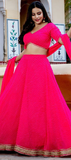 Pink and Majenta color Lehenga in Georgette fabric with Lace, Lehariya, Printed, Zari work