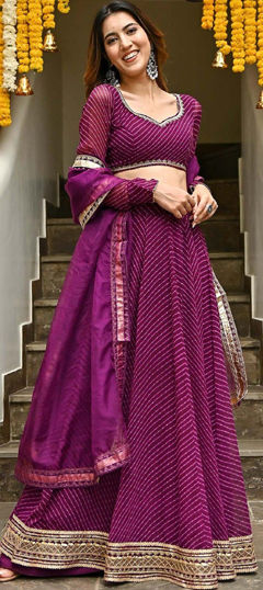 Engagement, Mehendi Sangeet, Wedding Purple and Violet color Lehenga in Georgette fabric with Flared Lace, Lehariya, Printed, Zari work : 1966202