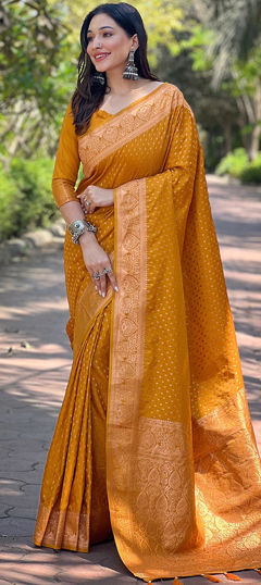 Yellow color Saree in Banarasi Silk fabric with Weaving, Zari work