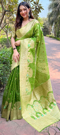 Green color Saree in Organza Silk fabric with Weaving, Zari work