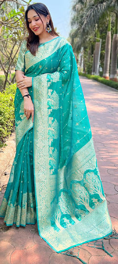 Green color Saree in Organza Silk fabric with Weaving, Zari work