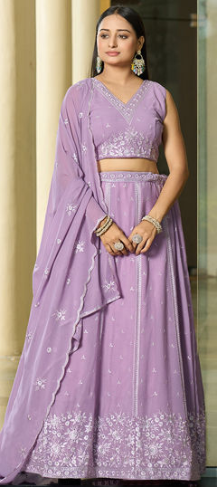 Engagement, Mehendi Sangeet, Wedding Purple and Violet color Lehenga in Georgette fabric with Flared Embroidered, Sequence work : 1966233