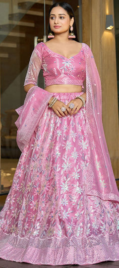 Engagement, Mehendi Sangeet, Wedding Pink and Majenta color Lehenga in Net fabric with Flared Embroidered, Sequence work : 1966235