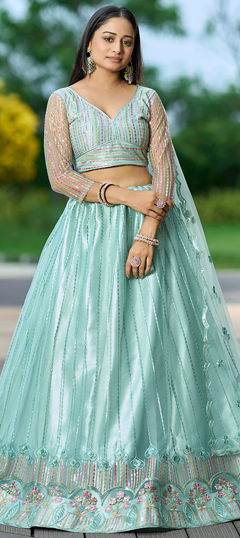 Engagement, Mehendi Sangeet, Wedding Green color Lehenga in Net fabric with Flared Embroidered, Sequence work : 1966236