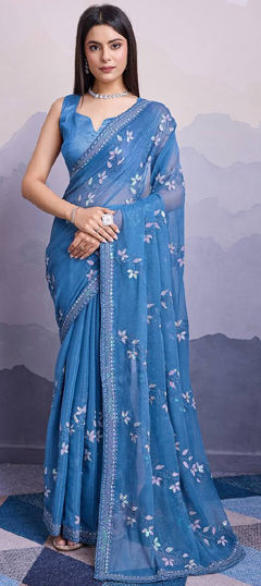 Festive, Party Wear Blue color Saree in Chiffon fabric with Classic Embroidered, Sequence work : 1966245