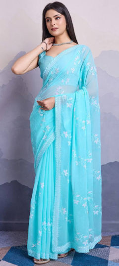 Festive, Party Wear Blue color Saree in Chiffon fabric with Classic Embroidered, Sequence work : 1966246