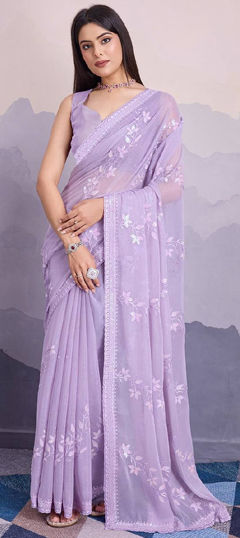 Festive, Party Wear Purple and Violet color Saree in Chiffon fabric with Classic Embroidered, Sequence work : 1966248