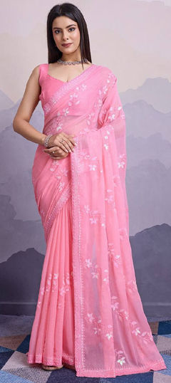 Festive, Party Wear Pink and Majenta color Saree in Chiffon fabric with Classic Embroidered, Sequence work : 1966249