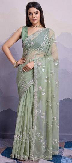 Green color Saree in Chiffon fabric with Embroidered, Sequence work