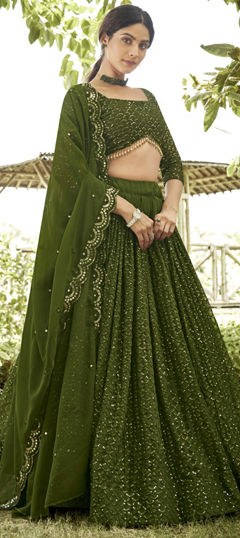 Engagement, Festive, Party Wear Green color Lehenga in Georgette fabric with Flared Embroidered, Sequence work : 1966252