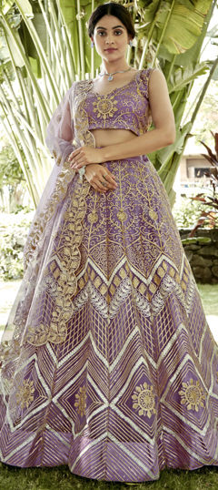 Engagement, Festive, Party Wear Purple and Violet color Lehenga in Net fabric with Flared Embroidered, Sequence work : 1966259