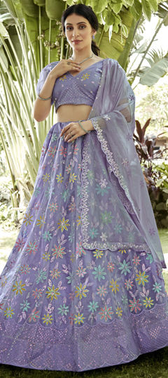 Engagement, Festive, Party Wear Purple and Violet color Lehenga in Net, Silk fabric with Flared Embroidered, Sequence work : 1966260