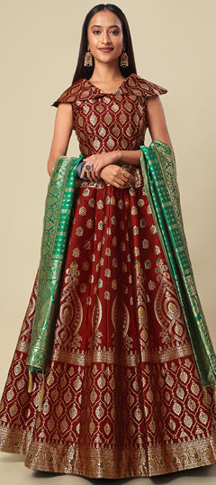 Engagement, Festive, Wedding Red and Maroon color Lehenga in Jacquard fabric with Flared Weaving work : 1966302