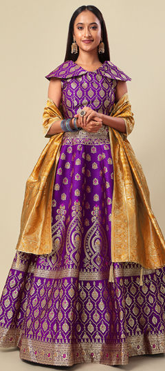 Purple and Violet color Lehenga in Jacquard fabric with Weaving work