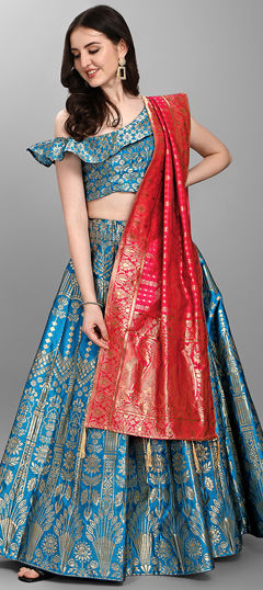 Blue color Lehenga in Jacquard fabric with Weaving work