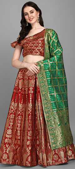 Red and Maroon color Lehenga in Jacquard fabric with Weaving work