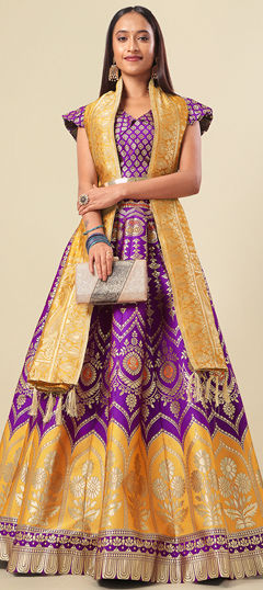 Engagement, Festive, Wedding Purple and Violet color Lehenga in Jacquard fabric with Flared Weaving work : 1966320