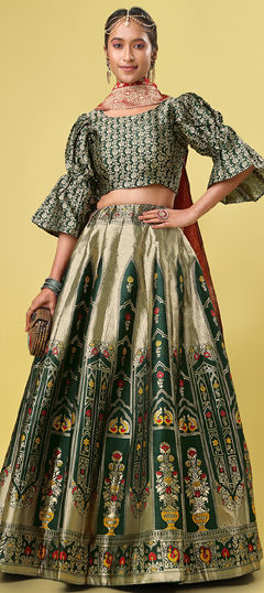 Green color Lehenga in Jacquard fabric with Weaving work