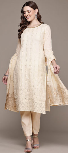 White and Off White color Salwar Kameez in Cotton fabric with Embroidered, Resham, Sequence, Thread, Zari work