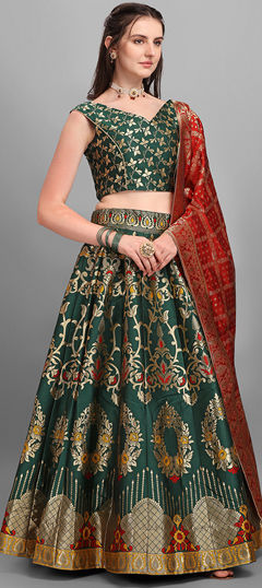 Green color Lehenga in Jacquard fabric with Weaving work