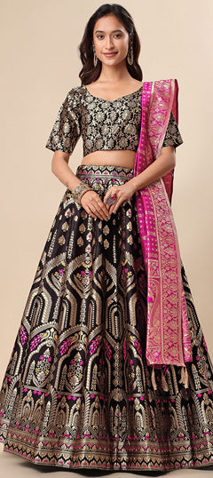 Engagement, Festive, Wedding Black and Grey color Lehenga in Jacquard fabric with Flared Weaving work : 1966335