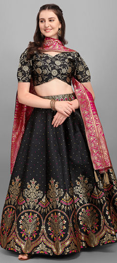 Black and Grey color Lehenga in Jacquard fabric with Weaving work