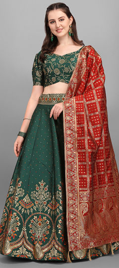 Green color Lehenga in Jacquard fabric with Weaving work