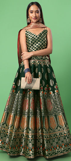 Green color Lehenga in Jacquard fabric with Weaving work
