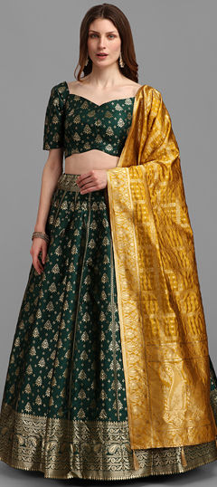 Green color Lehenga in Jacquard fabric with Weaving work