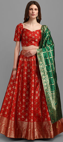 Red and Maroon color Lehenga in Jacquard fabric with Weaving work