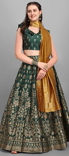 Green color Lehenga in Jacquard fabric with Weaving work